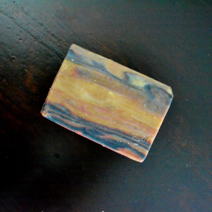 unique bar of handmade soap with wood grain design