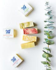 handmade soaps top view of bars and labels